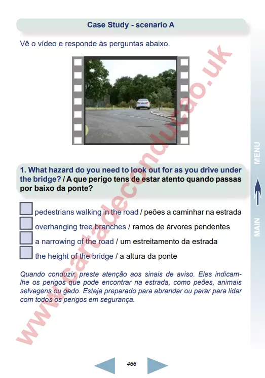 Perguntas e respostas do exame teórico de condução do Reino Unido em língua portuguesa