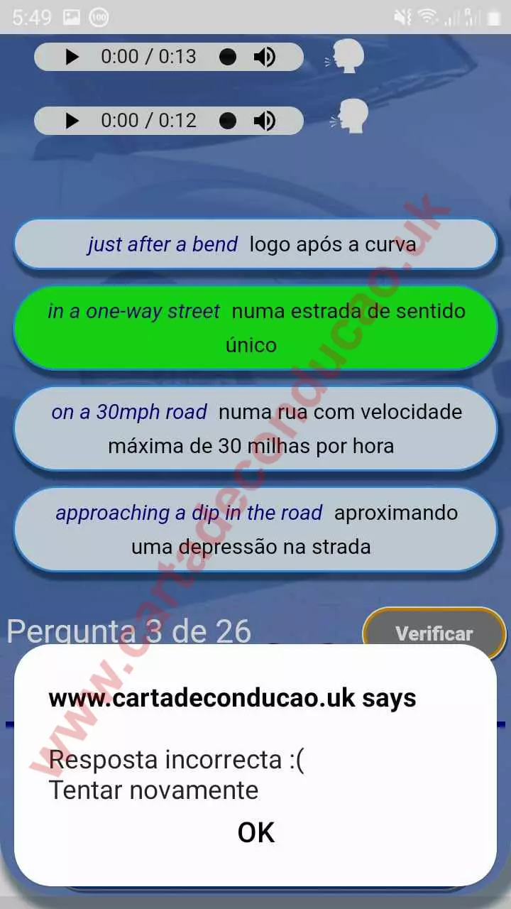 Tradução portuguesa exame teórico de condução no Reino Unido