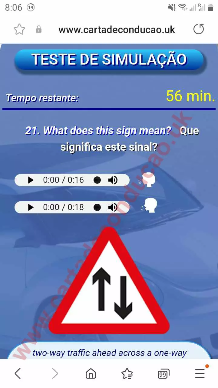 Aplicação em português para exames teóricos de condução no Reino Unido
